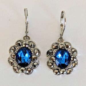 Monet Blue Crystal Drop Earrings Silver Floral Cluster Leverback Vintage Style